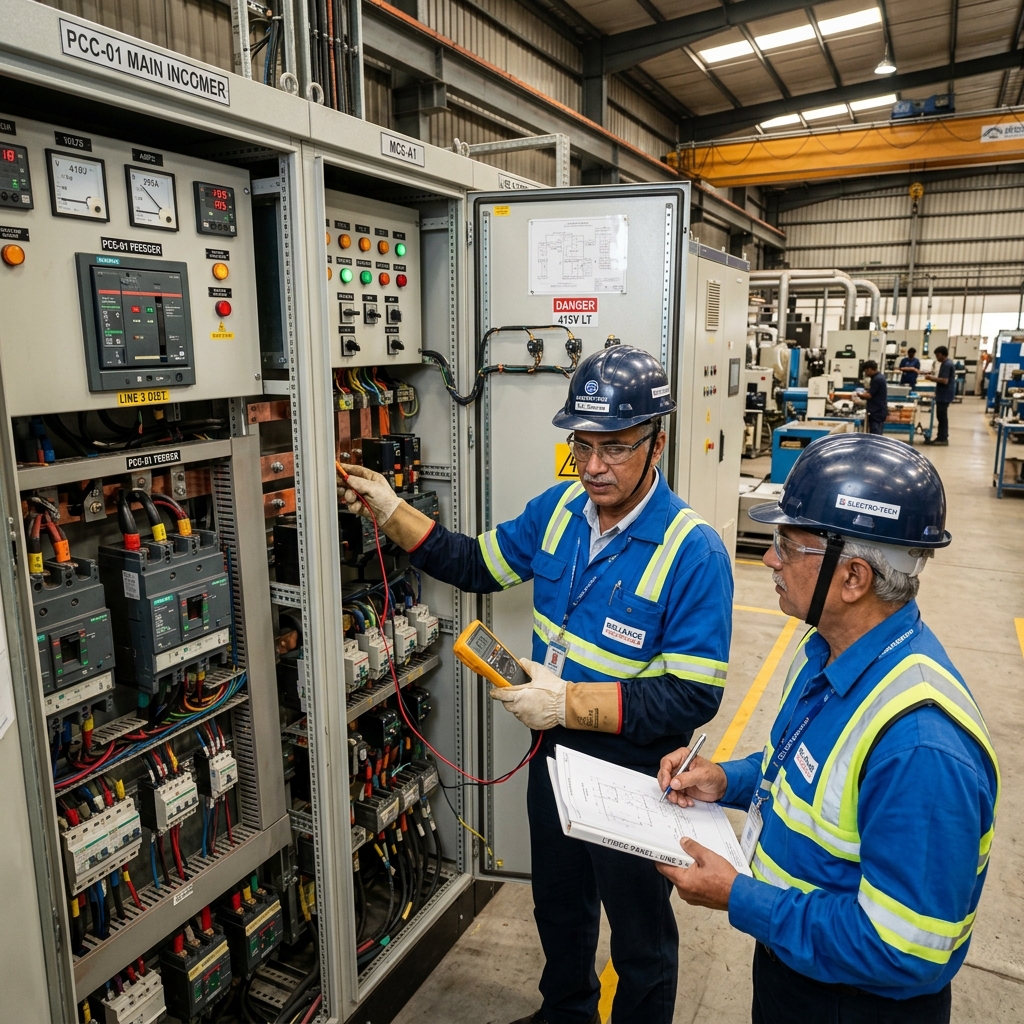 Taran Electrical engineers inspecting panel